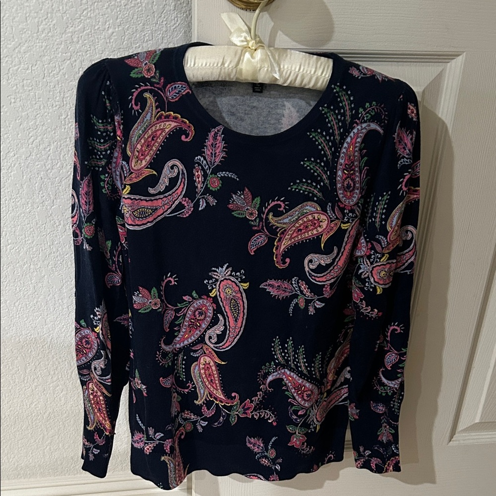 Talbots Navy Paisley Long-Sleeve sweater- Pink Accent